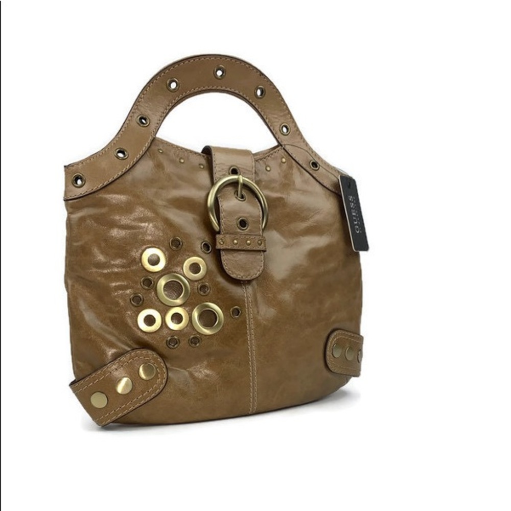 Guess by Marciano Genuine Leather Camel Top Handle Handbag with Gold Accents